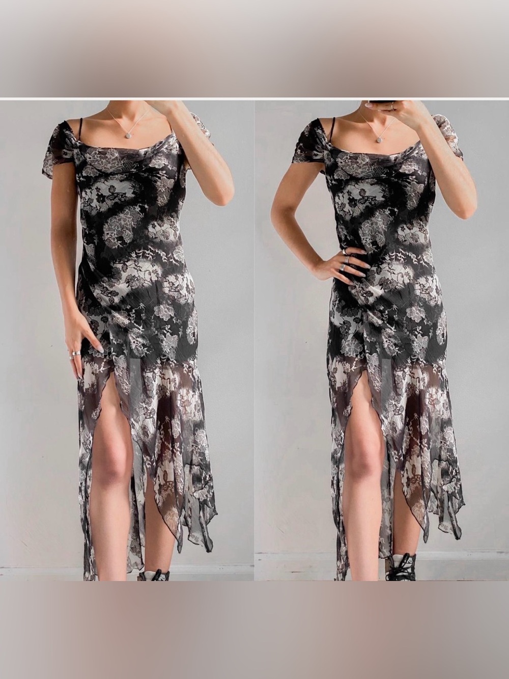 Uo Black & White Floral Lace Print Asymmetrical Cowl Neck Midi Dress